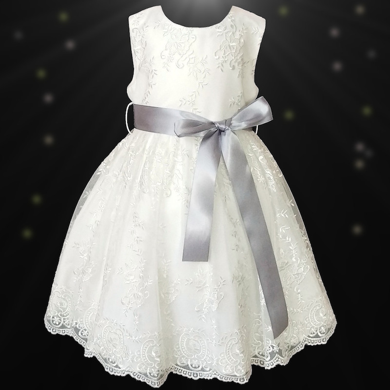 Girls Ivory Floral Lace Dress Silver Satin Sash Flower Girl 6571